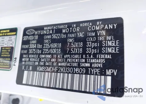 2019 Hyundai Santa Fe Xl Se from USA, damaged, VIN KM8SMDHF2KGU30180